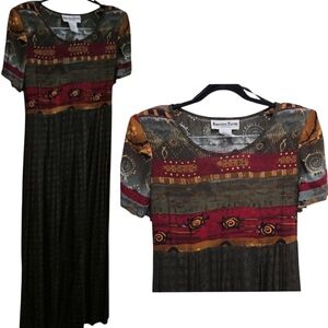 Vintage Maxi Dress Green MaroonFloral Turtle 1980s 90s Womens Size 12 (Medium)